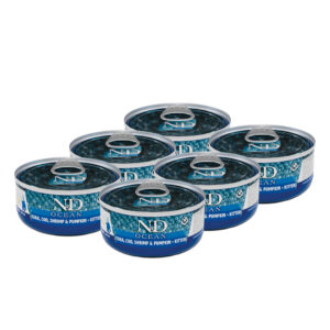 Pack x 6 Latas N&D Ocean Atún, Bacalao, Camarón Kitten 80gr