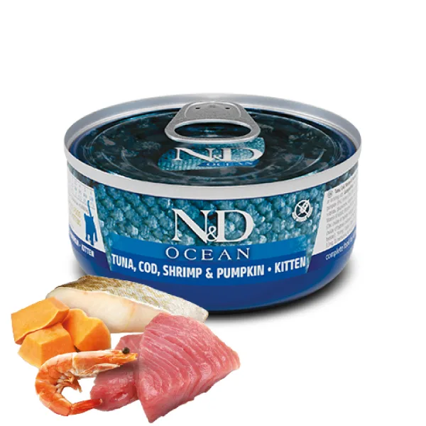 N&D Ocean Lata Atún, Bacalao, Camarón y Calabaza Kitten 80gr - Imagen 1