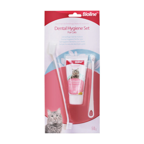 Bioline Kit Cepillos + Pasta Dental Gato Sabor Queso 50gr - Imagen 1